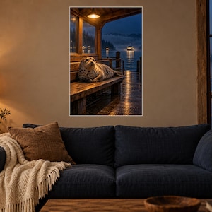 May include: A framed wall art print featuring a spotted seal resting on a wooden bench at a dock during twilight. The scene includes a glowing overhead light, a calm body of water, distant misty mountains, and a boat illuminated in the dark.