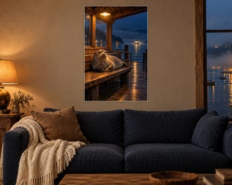 Seal Ferry Dock Art Print | Misty Waterfront Night Wall Decor
