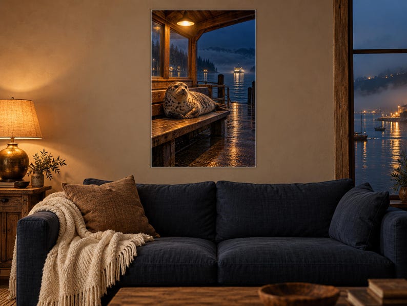 May include: A framed wall art print featuring a spotted seal resting on a wooden bench at a dock during twilight. The scene includes a glowing overhead light, a calm body of water, distant misty mountains, and a boat illuminated in the dark.