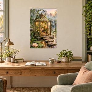Lámina artística de invernadero con farol / Decoración de pared para estanque de jardín botánico imagen 2