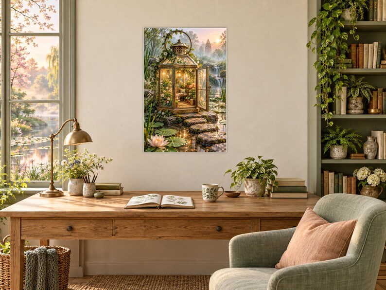 Lámina artística de invernadero con farol / Decoración de pared para estanque de jardín botánico imagen 2