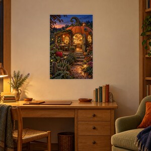 Pu&ograve; includere: Una stampa artistica rettangolare da parete raffigurante una casa a forma di zucca con finestre illuminate, un sentiero in pietra e un rigoglioso fogliame da giardino al crepuscolo, incorniciata su una parete chiara sopra una scrivania.