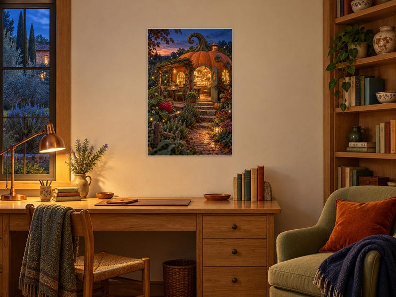 Pu&ograve; includere: Una stampa artistica rettangolare da parete raffigurante una casa a forma di zucca con finestre illuminate, un sentiero in pietra e un rigoglioso fogliame da giardino al crepuscolo, incorniciata su una parete chiara sopra una scrivania.