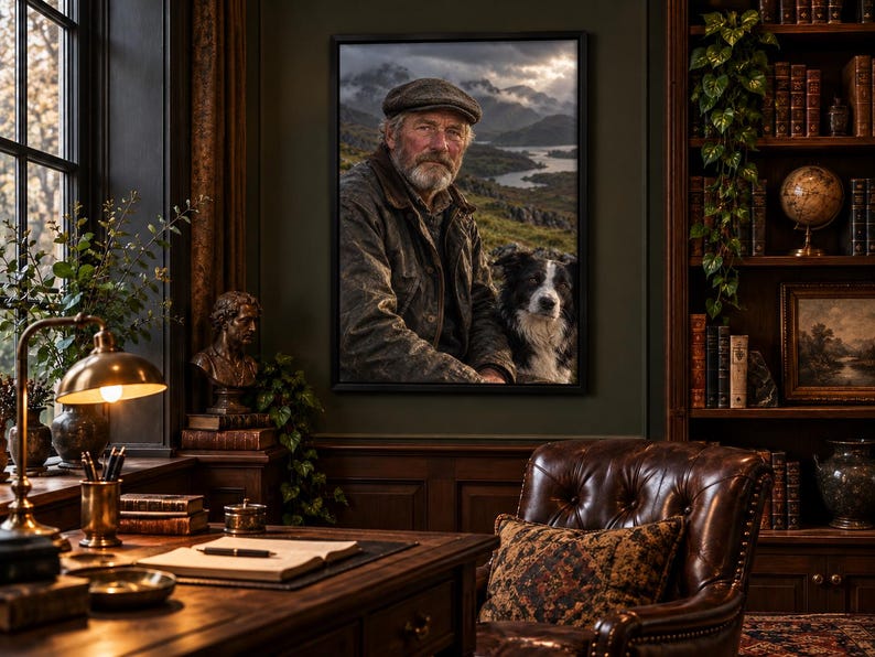 Framed Highland Shepherd Portrait Print | Scottish Countryside Wall Art | Moody Character Poster image 1