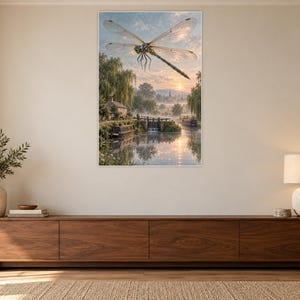 Dragonfly Art Print | Misty Canal Fantasy Wall Decor immagine 3