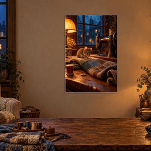 Lámina decorativa con diseño de ratón y máquina de coser / Decoración acogedora para la pared de un cuarto de costura. imagen 2