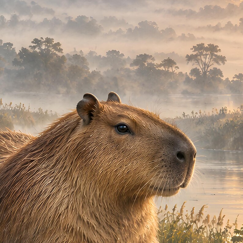 Impressão artística de capivara | Decoração de parede fantástica de uma aldeia pantanosa e pacífica imagem 3