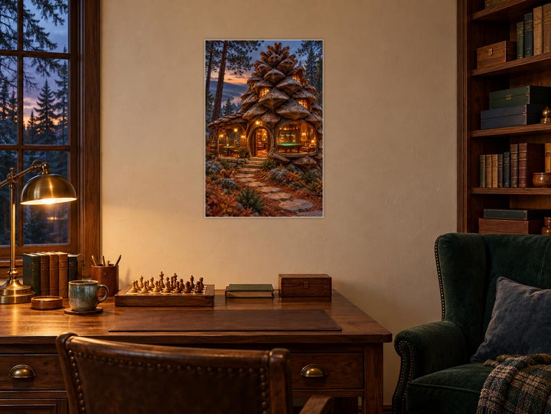 Konsttryck med tallkottemotiv i spelrum | Väggdekoration med biljard i skogen bild 2