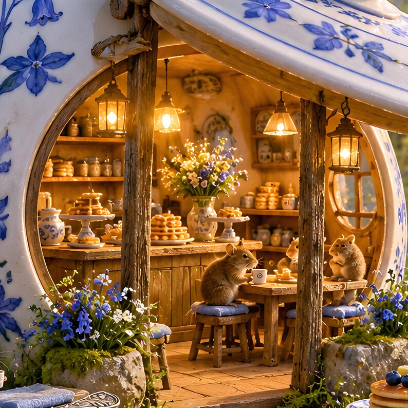 May include: A miniature diorama of a cosy kitchen inside a hollowed-out white eggshell with blue floral patterns. Two brown mice sit at a wooden table with tiny food items, illuminated by warm hanging lanterns and shelves filled with miniature jars.