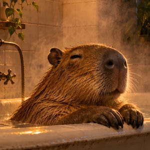 Capybara Bath Art Print | Cozy Amber Bathroom Wall Decor image 3