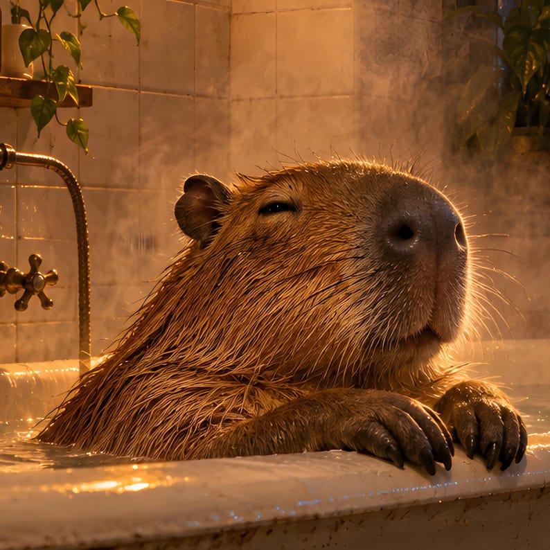Capybara Bath Art Print | Cozy Amber Bathroom Wall Decor image 3
