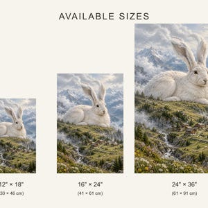 Lámina artística de liebre de montaña blanca / Decoración de pared de fantasía de pueblo alpino imagen 4