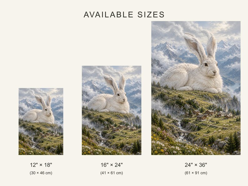 Lámina artística de liebre de montaña blanca / Decoración de pared de fantasía de pueblo alpino imagen 4