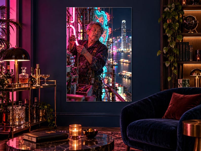 Lámina del fabricante de letreros de neón / Arte mural nocturno de Hong Kong / Póster de retrato cinematográfico imagen 2