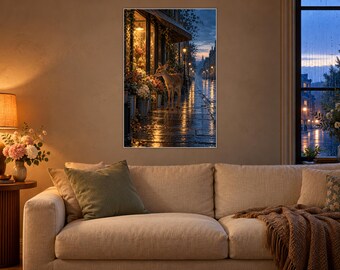 Deer Flower Shop Art Print | Rainy Dawn City Wall Decor