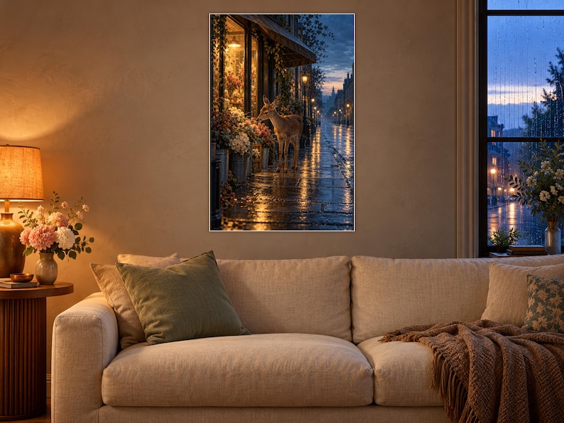 Stampa artistica "Negozio di fiori con cervi" / Decorazione murale "Città all'alba piovosa" immagine 1