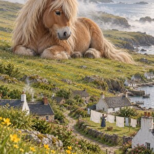Shetland Pony Art Print | Seaside Village Fantasy Wall Decor image 1