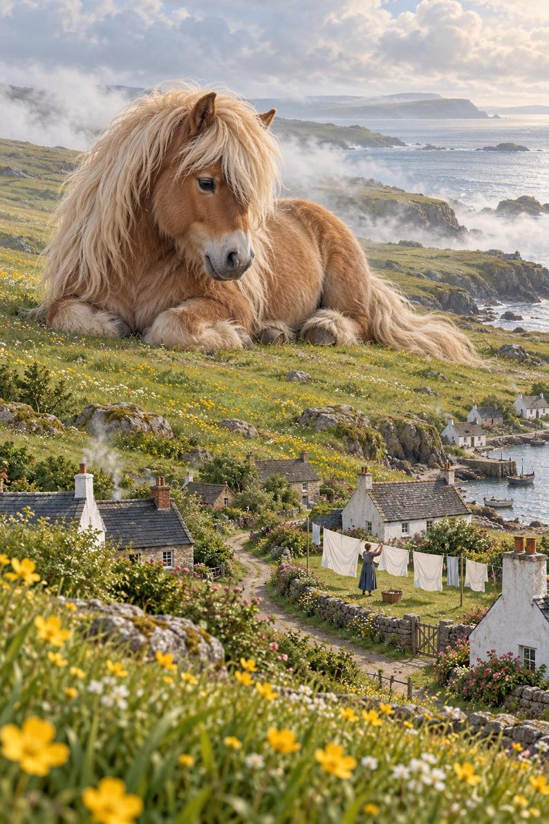 Shetland Pony Art Print | Seaside Village Fantasy Wall Decor image 1