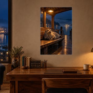 May include: A rectangular wall art print featuring a spotted seal resting on a wooden bench inside a covered dock at night. The scene is illuminated by a warm overhead light, with a dark, misty harbor and distant glowing city lights visible.