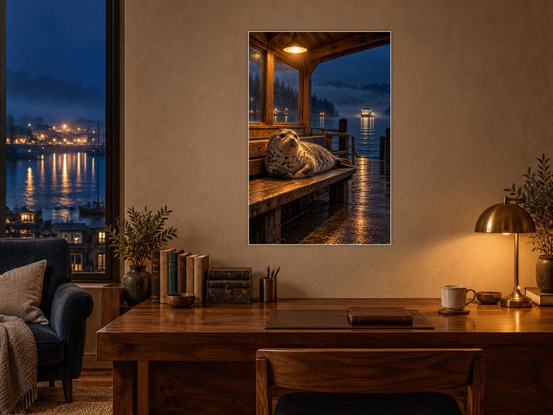 May include: A rectangular wall art print featuring a spotted seal resting on a wooden bench inside a covered dock at night. The scene is illuminated by a warm overhead light, with a dark, misty harbor and distant glowing city lights visible.