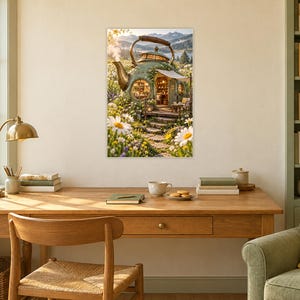 May include: A framed wall art print depicting a whimsical teapot-shaped house nestled in a field of white daisies. The structure features a round door, a small wooden porch, and a metallic spout, set against a backdrop of rolling mountains.