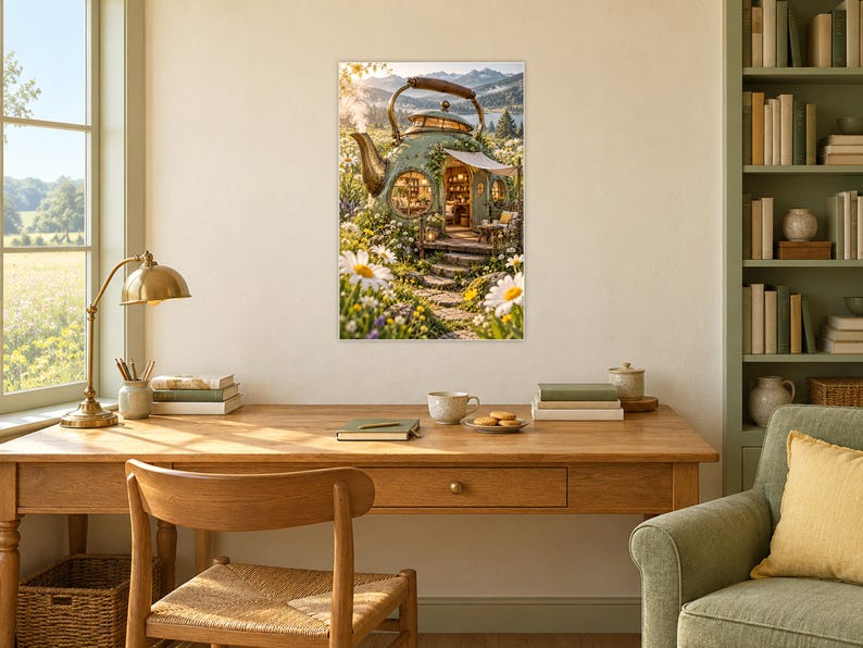 May include: A framed wall art print depicting a whimsical teapot-shaped house nestled in a field of white daisies. The structure features a round door, a small wooden porch, and a metallic spout, set against a backdrop of rolling mountains.