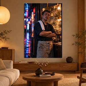 May include: A large rectangular wall art print featuring a portrait of a chef with arms crossed, wearing a dark shirt and a stained apron, standing in a dimly lit kitchen with steam rising, set against a blurred urban street background.