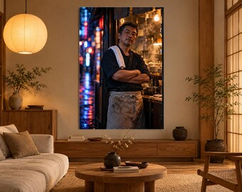 Tokyo Ramen Chef Print | Cinematic Night Portrait Wall Art | Japanese Neon Kitchen Poster