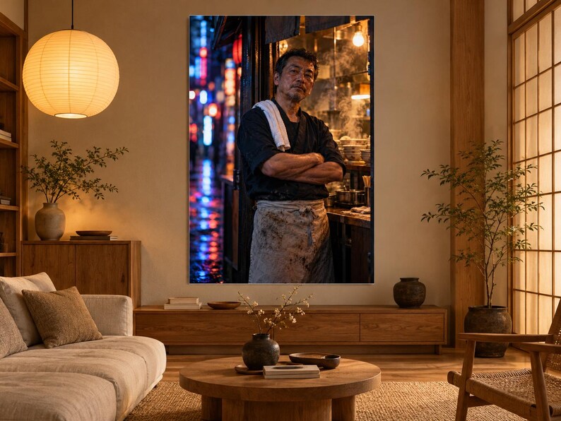 May include: A large rectangular wall art print featuring a portrait of a chef with arms crossed, wearing a dark shirt and a stained apron, standing in a dimly lit kitchen with steam rising, set against a blurred urban street background.