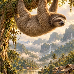 Sloth Art Print | Tropical River Village Fantasy Wall Decor image 1