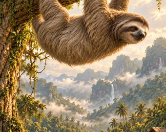 Sloth Art Print | Tropical River Village Fantasy Wall Decor