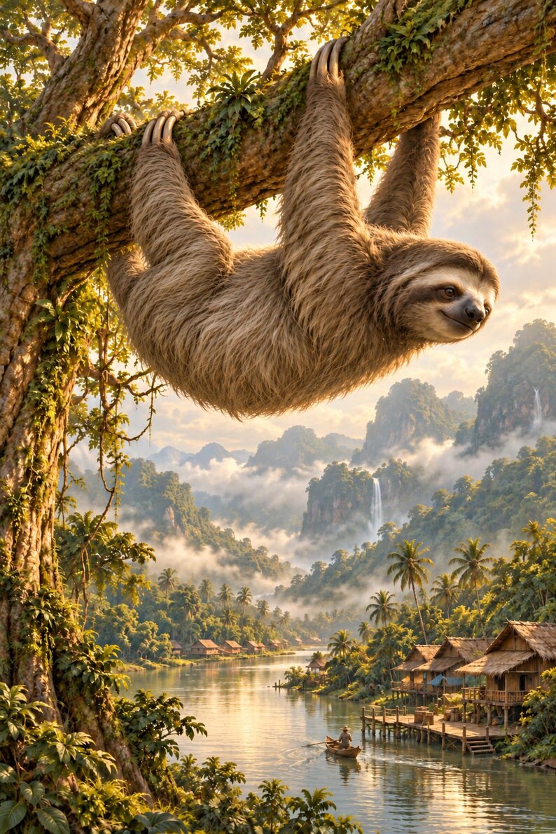 Sloth Art Print | Tropical River Village Fantasy Wall Decor image 1