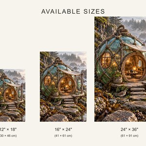 May include: Three prints of a spherical glass dwelling on a rocky coast, labelled AVAILABLE SIZES. Sizes shown are 30 cm by 46 cm, 41 cm by 61 cm, and 61 cm by 91 cm. The structure features a wooden frame and rope detailing.