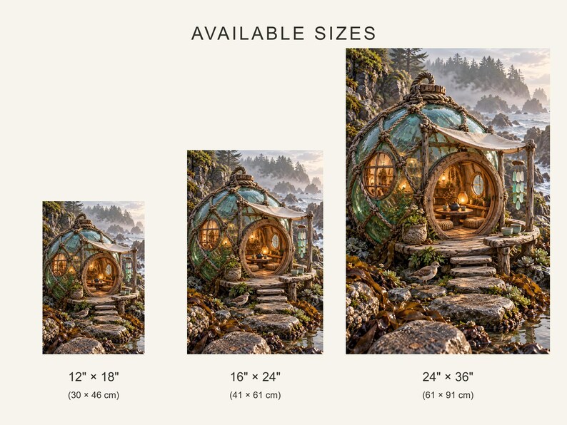 May include: Three prints of a spherical glass dwelling on a rocky coast, labelled AVAILABLE SIZES. Sizes shown are 30 cm by 46 cm, 41 cm by 61 cm, and 61 cm by 91 cm. The structure features a wooden frame and rope detailing.