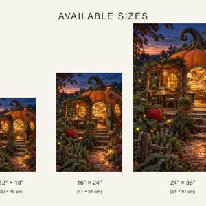 Pu&ograve; includere: Tre stampe rettangolari intitolate AVAILABLE SIZES mostrano una casa a forma di zucca al crepuscolo. Le dimensioni sono 30 x 46 cm, 41 x 61 cm e 61 x 91 cm. La scena presenta una struttura a zucca illuminata con un sentiero e un giardino.