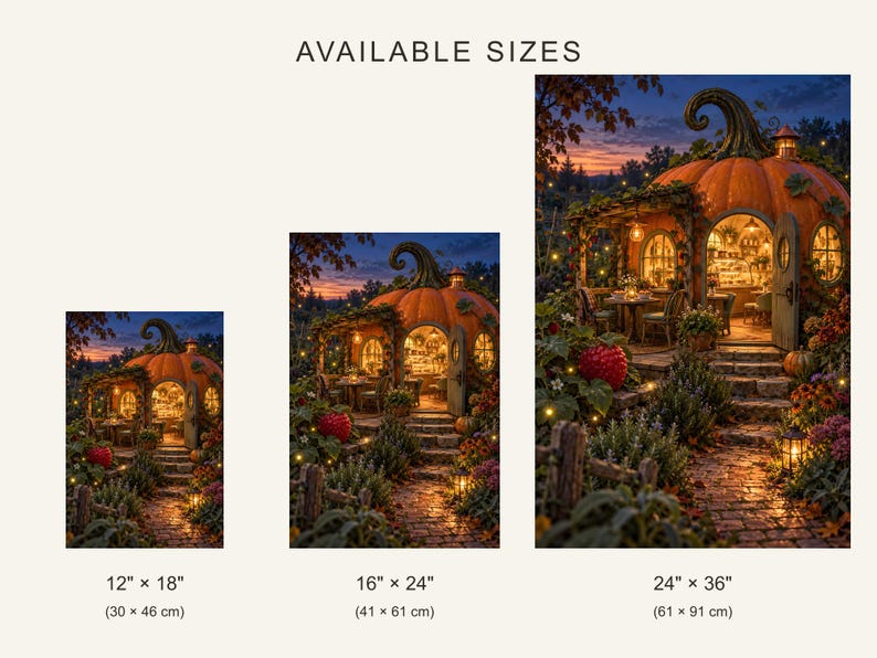Pu&ograve; includere: Tre stampe rettangolari intitolate AVAILABLE SIZES mostrano una casa a forma di zucca al crepuscolo. Le dimensioni sono 30 x 46 cm, 41 x 61 cm e 61 x 91 cm. La scena presenta una struttura a zucca illuminata con un sentiero e un giardino.