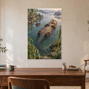 Pu&ograve; includere: Una grande lontra marrone galleggia sulla schiena in un lago calmo. Sullo sfondo, una piccola barca naviga vicino a una riva nebbiosa con alberi ed edifici. L'immagine &egrave; in orientamento verticale e mostra il pelo e la coda dell'animale.