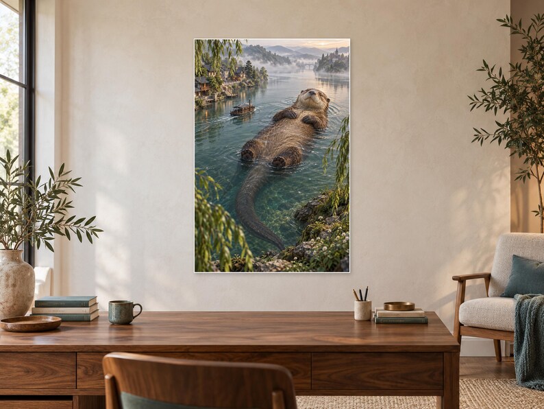 Pu&ograve; includere: Una grande lontra marrone galleggia sulla schiena in un lago calmo. Sullo sfondo, una piccola barca naviga vicino a una riva nebbiosa con alberi ed edifici. L'immagine &egrave; in orientamento verticale e mostra il pelo e la coda dell'animale.