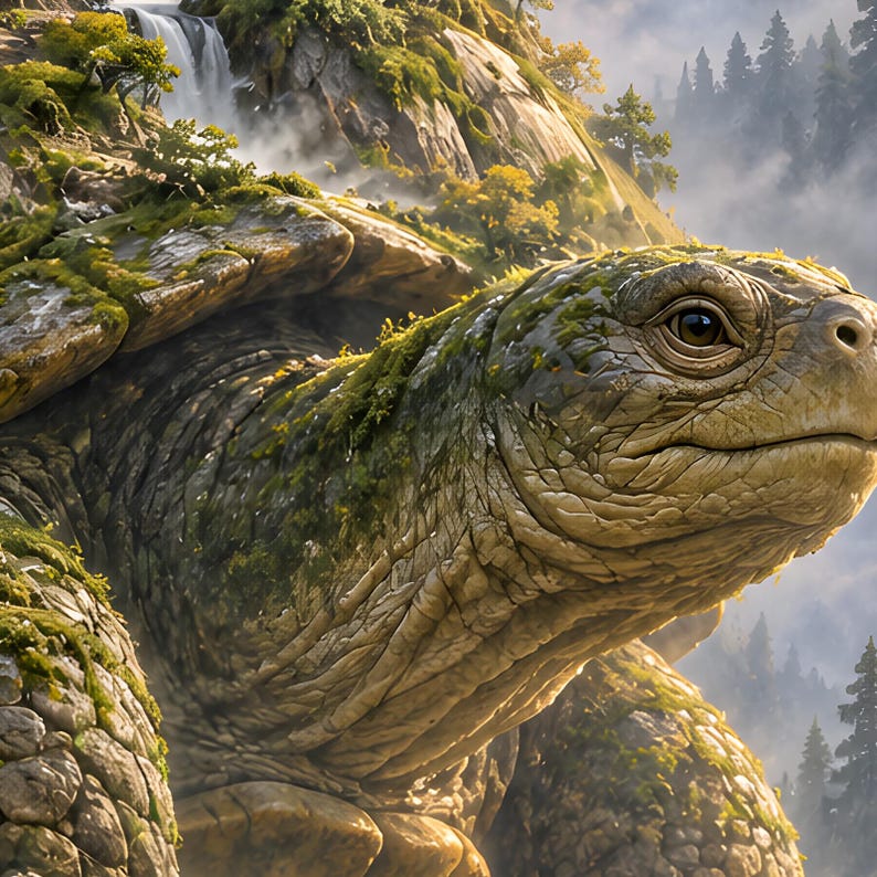 May include: A large turtle with a textured, moss-covered shell and skin, resembling a rocky landscape. The turtle's head is prominent, showing detailed scales and a dark eye, with a misty, mountainous forest background featuring a waterfall.