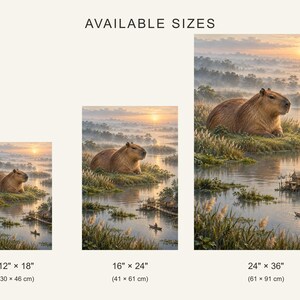 Impressão artística de capivara | Decoração de parede fantástica de uma aldeia pantanosa e pacífica imagem 4
