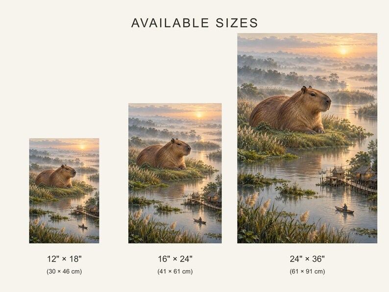 Impressão artística de capivara | Decoração de parede fantástica de uma aldeia pantanosa e pacífica imagem 4
