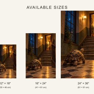 Op de afbeelding: Drie prints met een schildpad op een tegelvloer in een hal met trap, gelabeld AVAILABLE SIZES met afmetingen 30 x 46 cm, 41 x 61 cm en 61 x 91 cm. De sc&egrave;ne bevat een raam, een wandlamp en een deuropening bovenaan de trap.