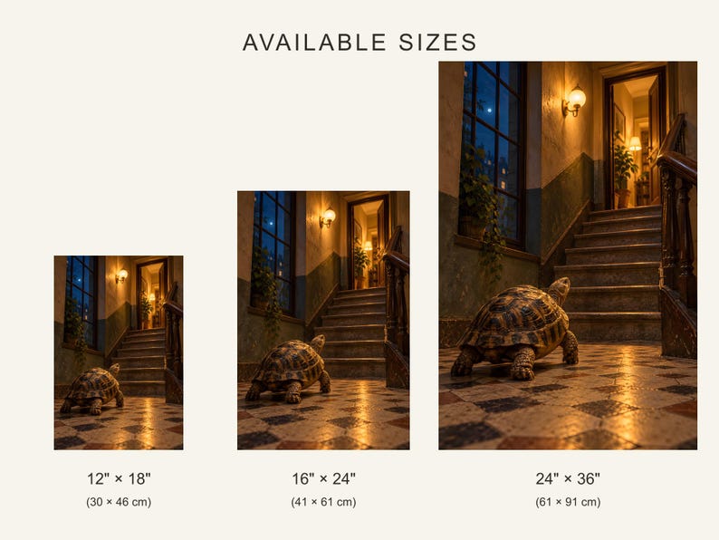 Op de afbeelding: Drie prints met een schildpad op een tegelvloer in een hal met trap, gelabeld AVAILABLE SIZES met afmetingen 30 x 46 cm, 41 x 61 cm en 61 x 91 cm. De sc&egrave;ne bevat een raam, een wandlamp en een deuropening bovenaan de trap.