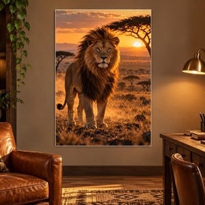 Puede incluir: Un cuadro rectangular de pared que muestra a un le&oacute;n majestuoso de pie en la sabana africana durante una puesta de sol dorada. El le&oacute;n tiene una melena espesa y oscura, posicionado en el centro del paisaje con &aacute;rboles de acacia visibles.