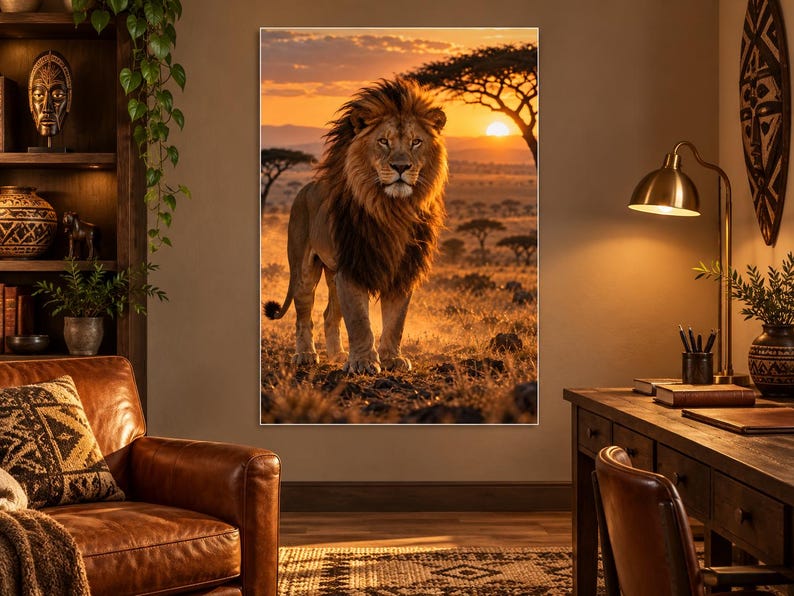 Puede incluir: Un cuadro rectangular de pared que muestra a un le&oacute;n majestuoso de pie en la sabana africana durante una puesta de sol dorada. El le&oacute;n tiene una melena espesa y oscura, posicionado en el centro del paisaje con &aacute;rboles de acacia visibles.