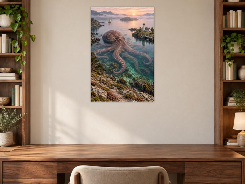 Octopus Art Print | Coastal Lighthouse Fantasy Wall Decor image 7