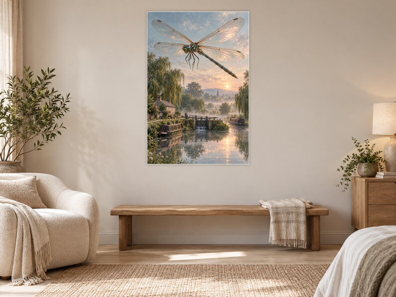 Dragonfly Art Print | Misty Canal Fantasy Wall Decor immagine 5