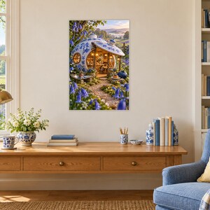 May include: A rectangular wall art print featuring a whimsical, round, blue and white porcelain-style house nestled in a garden of bluebell flowers, with a gravel path leading to the illuminated interior and a soft, hazy landscape in the background.