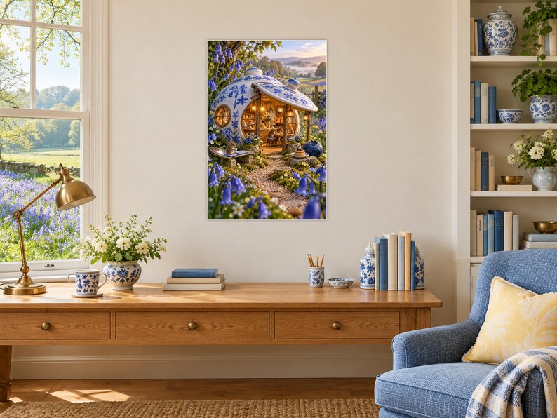 May include: A rectangular wall art print featuring a whimsical, round, blue and white porcelain-style house nestled in a garden of bluebell flowers, with a gravel path leading to the illuminated interior and a soft, hazy landscape in the background.