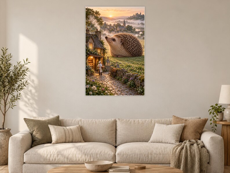 Hedgehog Art Print | Cozy Village Bakery Fantasy Wall Decor immagine 2
